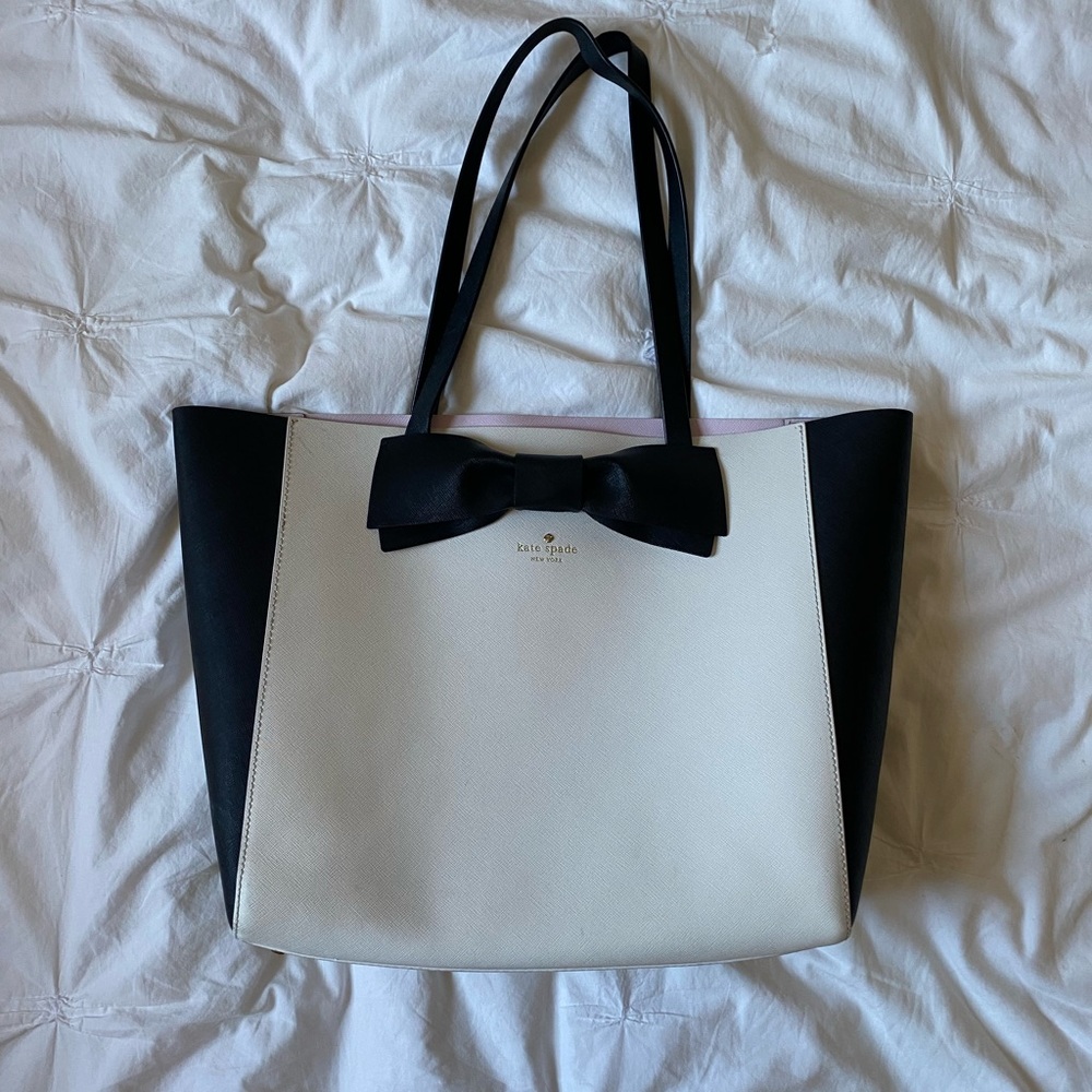 Kate Spade Tote, black and white with bow and pink interior